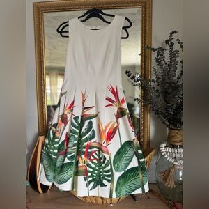 Calvin Klein Cream Fit & Flare Tropical Sleeveless Midi Dress